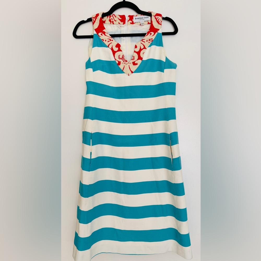 Vintage Josephine Sasso White and Blue Sleeveless V-Neck A-Line Midi Dress